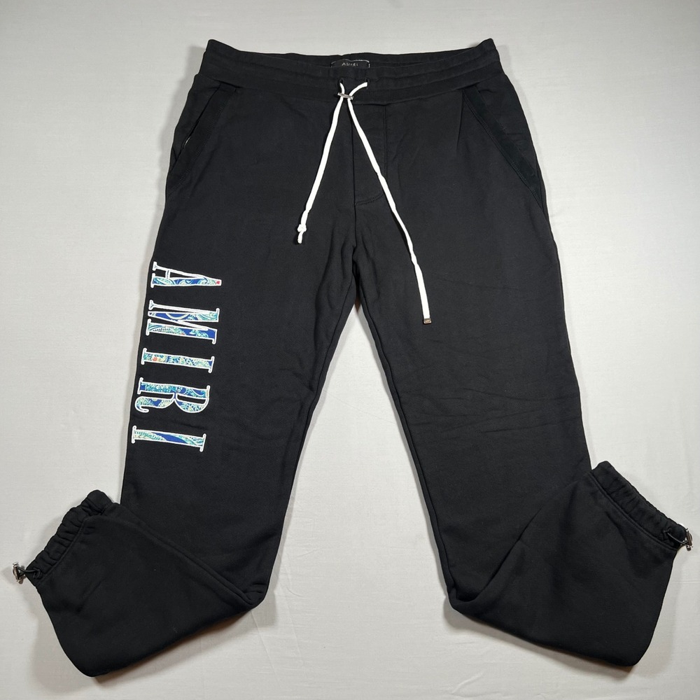 Amiri Mens Paisley Logo Sweatpants Black Cotton Joggers XL Made in USA